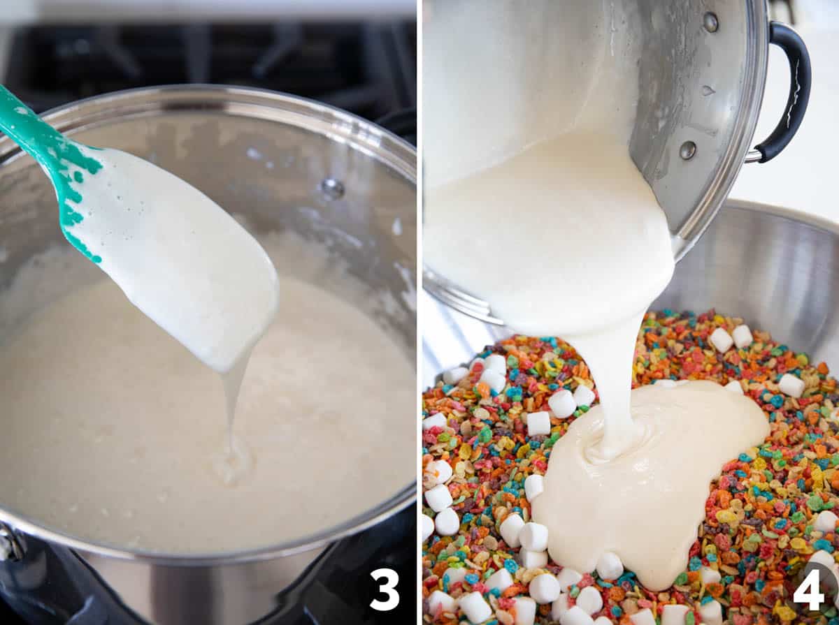 Making marshmallow mixture and pouring it over a cereal mix.