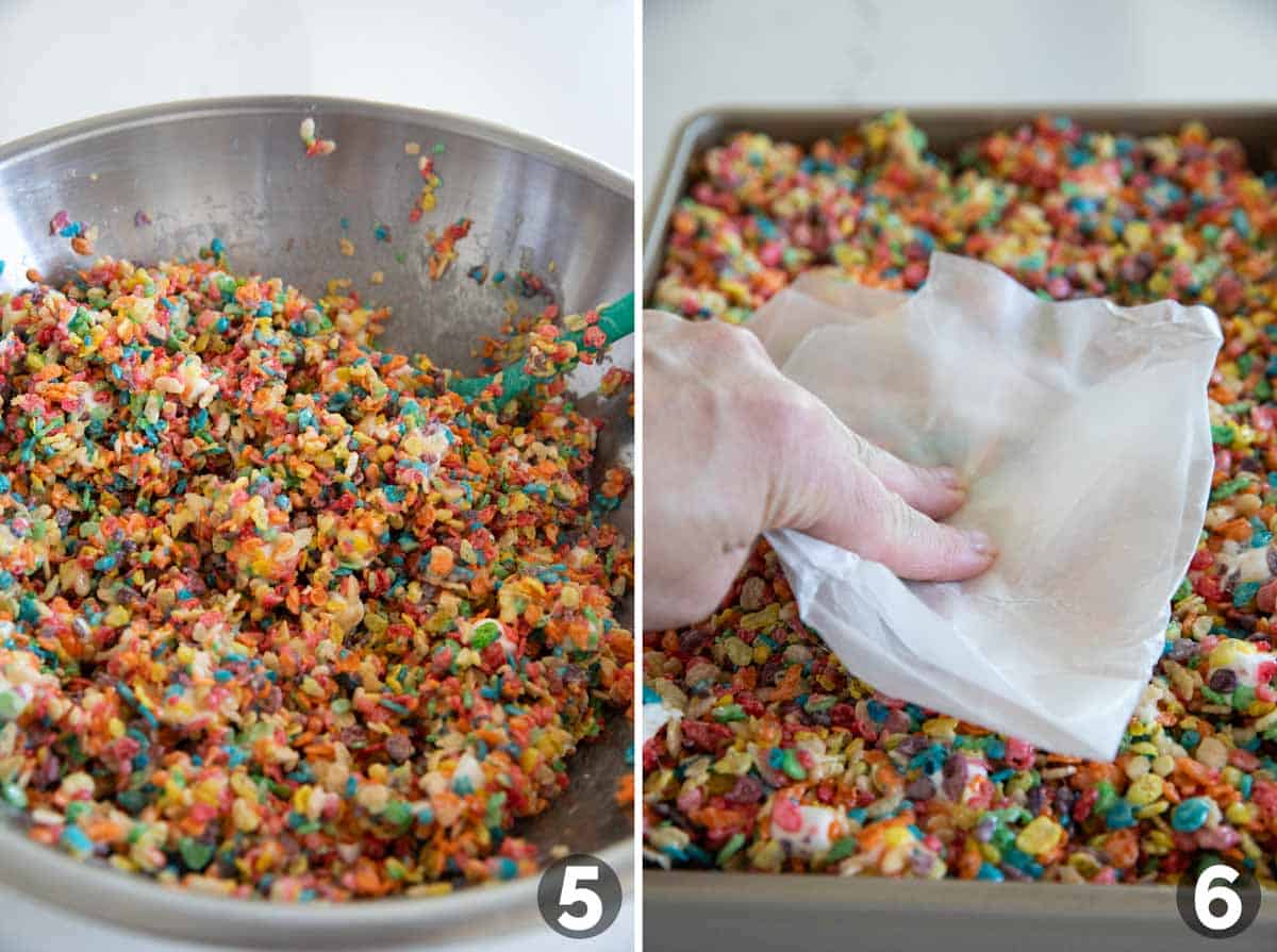 Mixing ingredients for rice crispy treats and pressing into a baking dish.