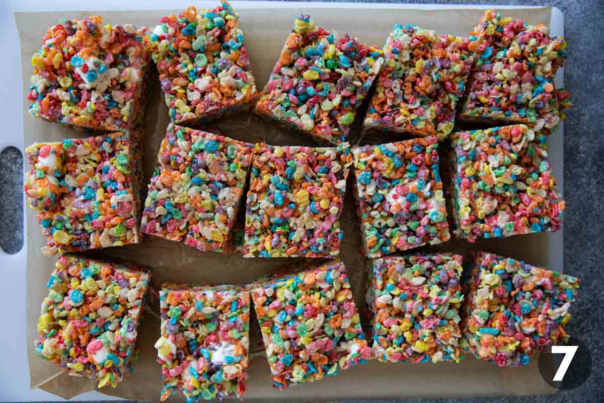 Fruity Pebble Rice Crispy Treats cut into squares.