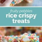 Fruity Pebble Rice Crispy Treats collage with text bar in the middle.