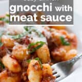 Gnocchi with Meat Sauce with text overlay.