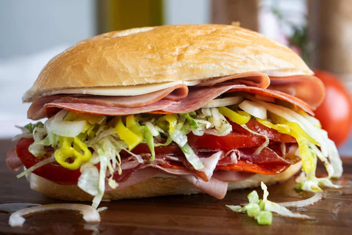 Italian Sub sandwich, filled with Italian meats, cheese, and vegetables.