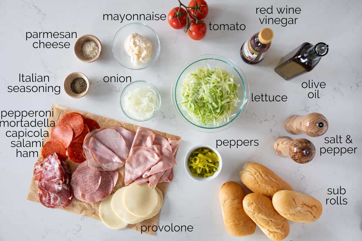 Ingredients needed to make an Italian Sub.
