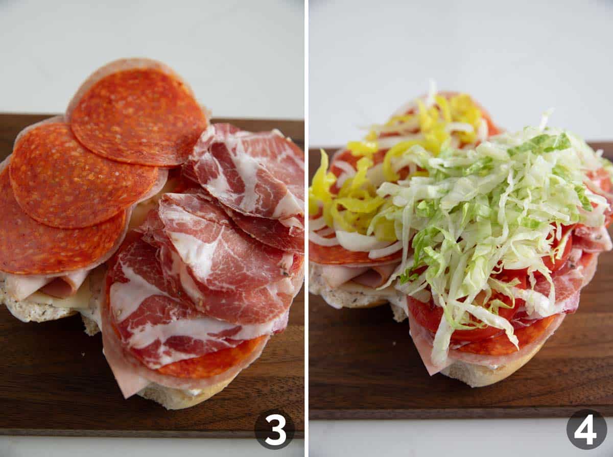 Assembling an Italian sub with meat and vegetables.