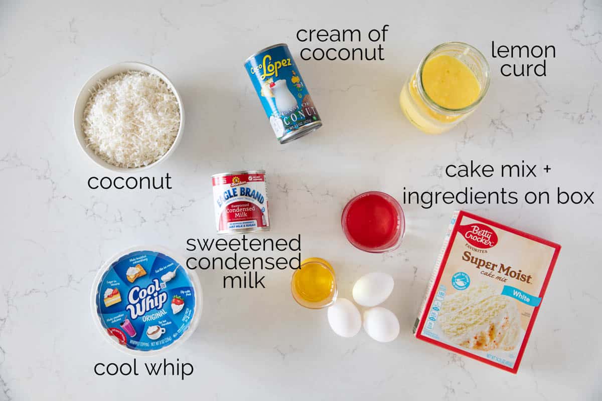 Ingredients for Lemon Poke Cake with Coconut