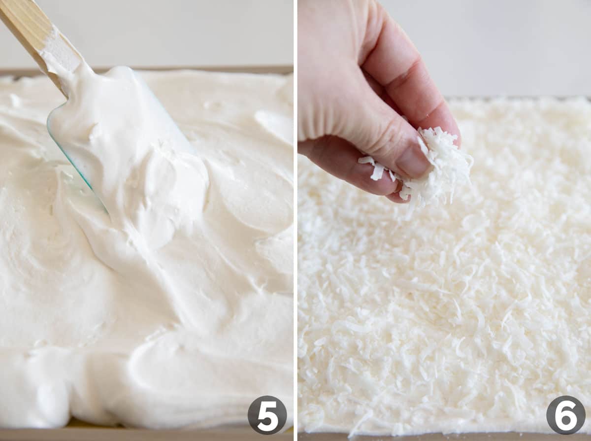 Spreading whipped topping on a cake, then adding coconut to the top.