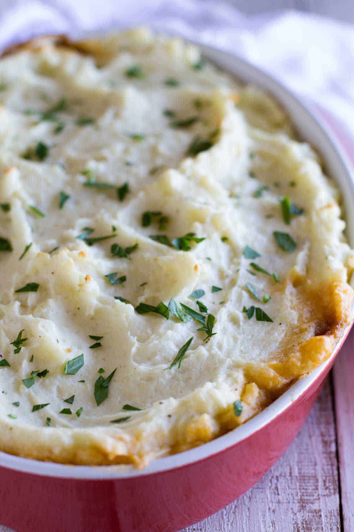 Meatball cottage pie topped with mashed potatoes.