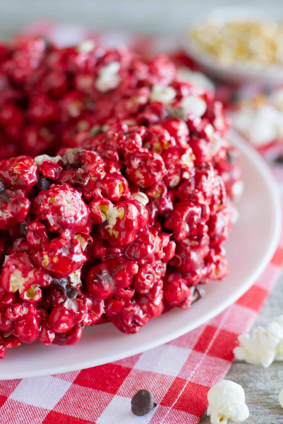 Red Velvet Popcorn Cake on a plate.