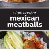 Slow cooker Mexican meatballs collage with text bar in the middle.