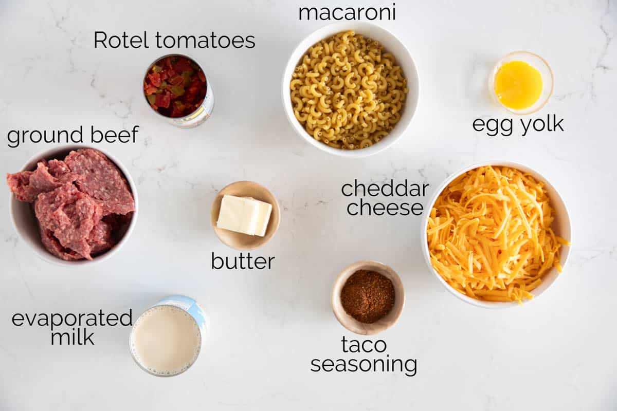 Ingredients needed to make Taco Mac and Cheese.