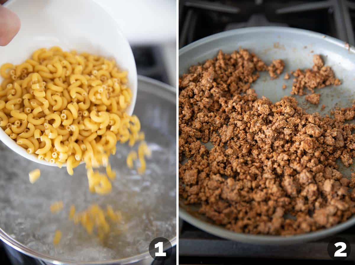 Boiling pasta and cooking beef for Taco Mac and Cheese.