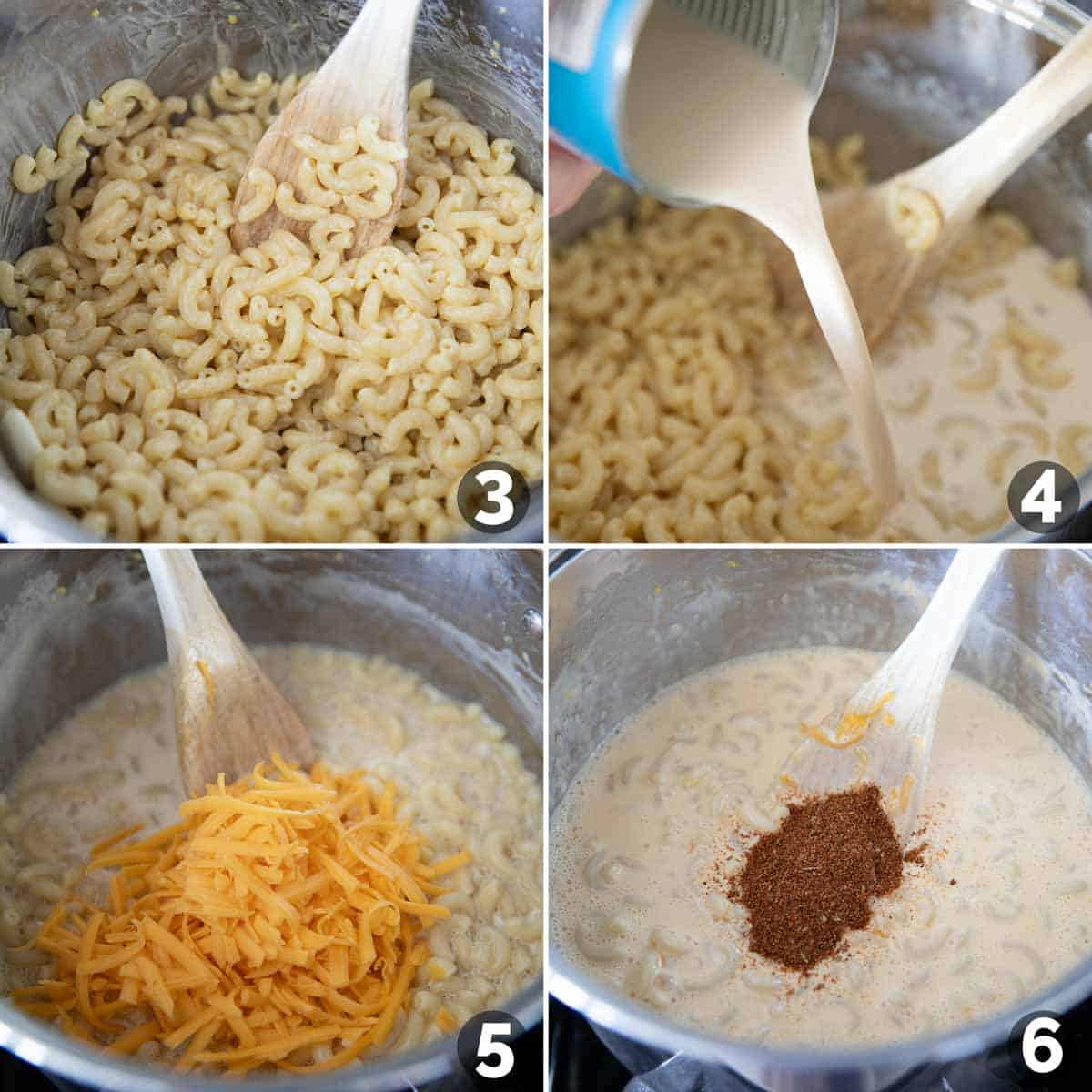 Steps to make Taco Mac and Cheese, adding liquid, cheese, and taco seasoning.