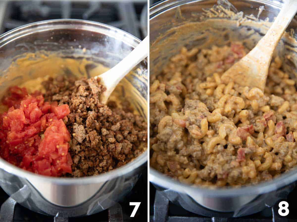 Collage showing steps to make taco Mac and cheese - adding beef and tomatoes.