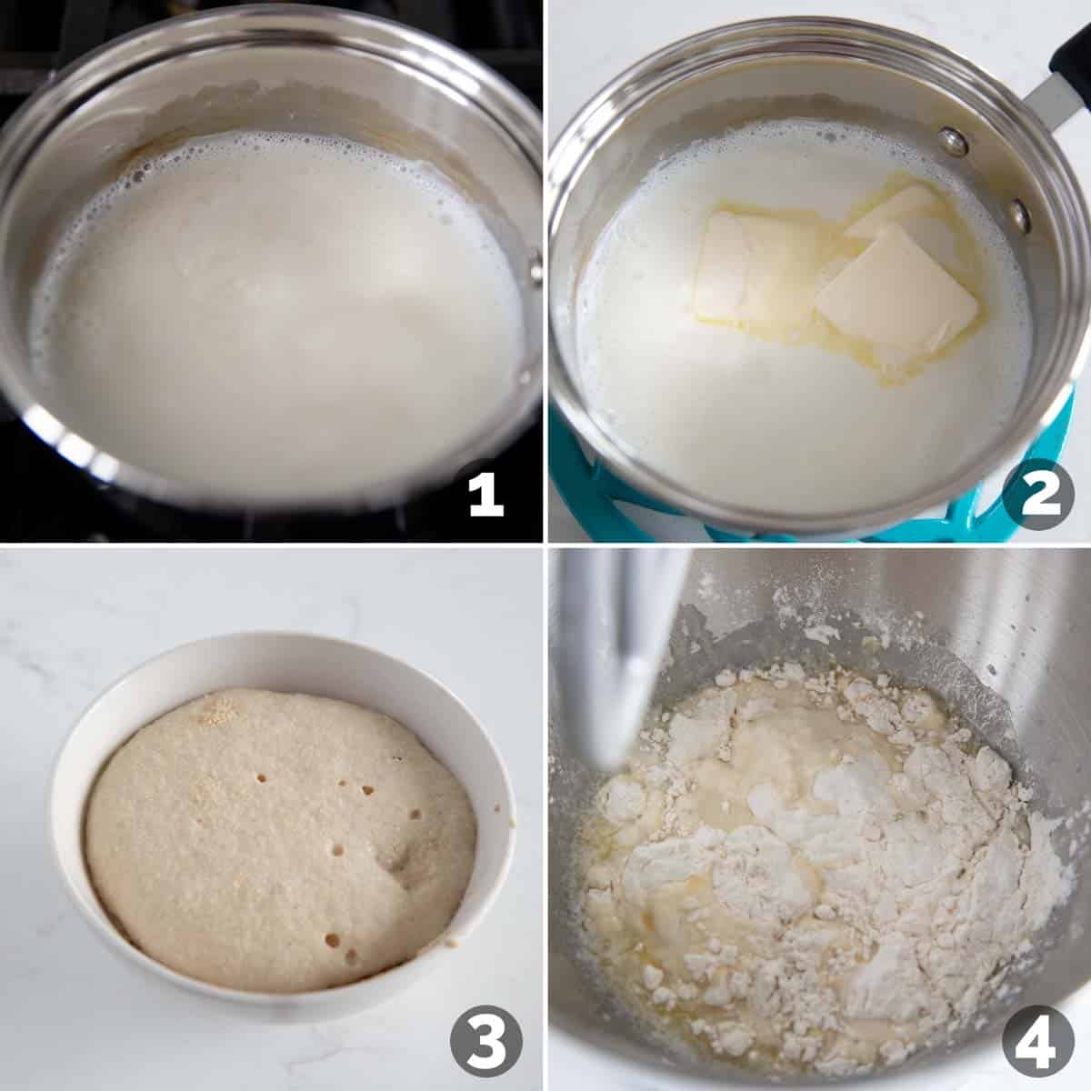 Steps showing how to start the dough for Texas Roadhouse rolls.