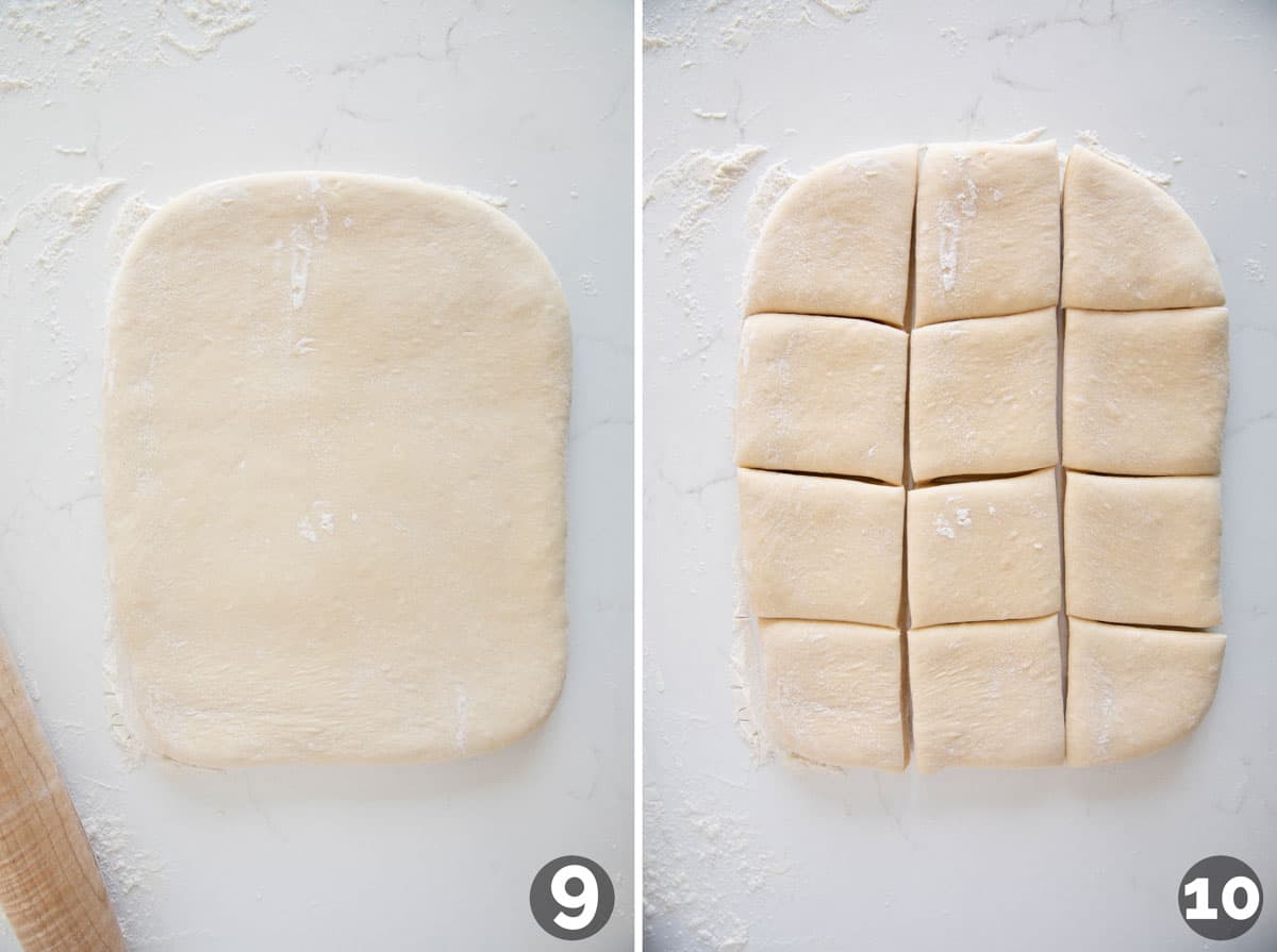 Rolling dough into a rectangle and cutting into rolls.