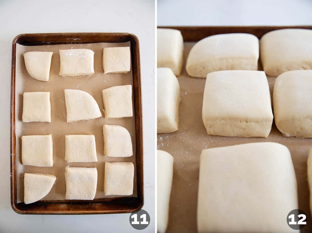 Collage showing rolls on baking sheet, then showing risen dough.