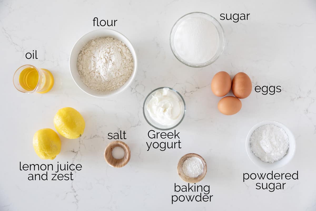 Ingredients needed to make a Yogurt Cake.
