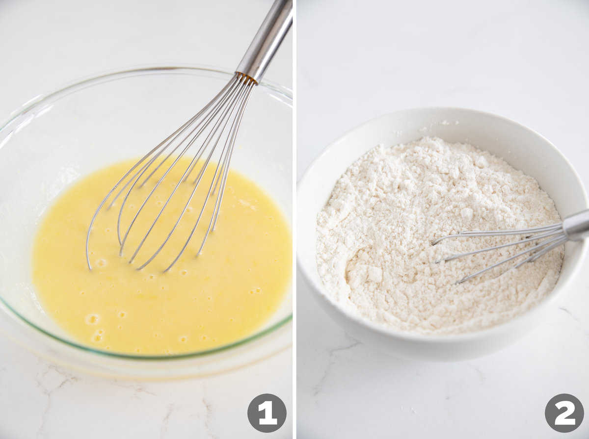 Mixing wet ingredients and dry ingredients in bowls to make a yogurt cake.