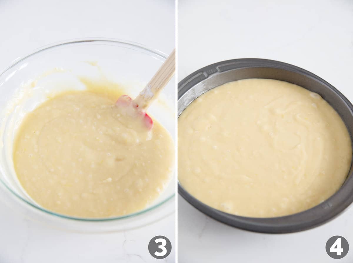 Mixing cake batter in a large bowl, and transferring it to a cake pan.