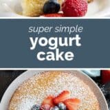 Yogurt Cake collage with text bar in the middle.