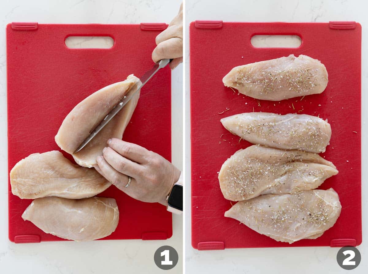 Cutting chicken breasts in half to make thinner pieces.