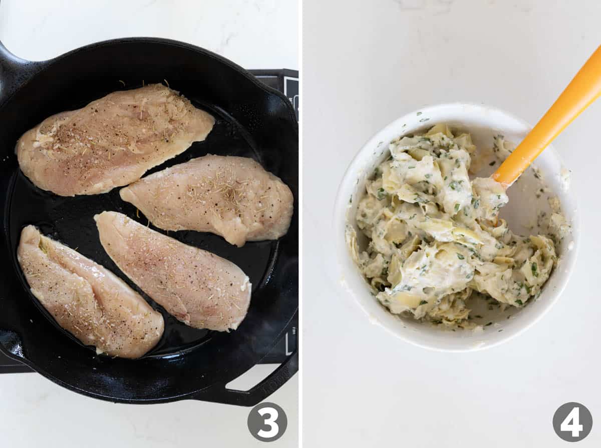 Artichoke Chicken in a cast iron pan, and a bowl with creamy artichoke topping.