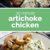 Artichoke Chicken collage with text bar in the middle.