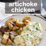 Artichoke Chicken with text overlay.