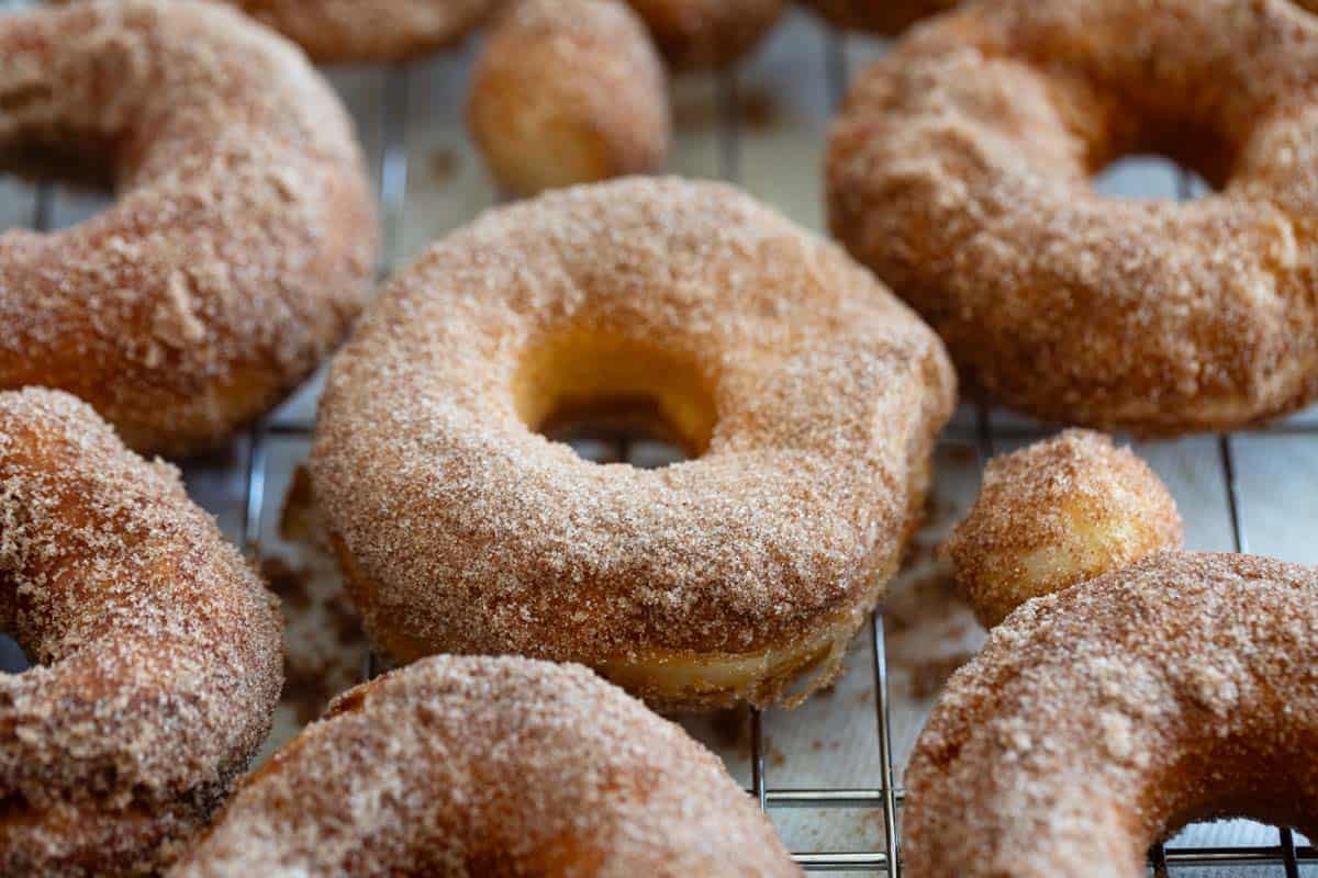 Cinnamon sugar donuts made from biscuit dough.