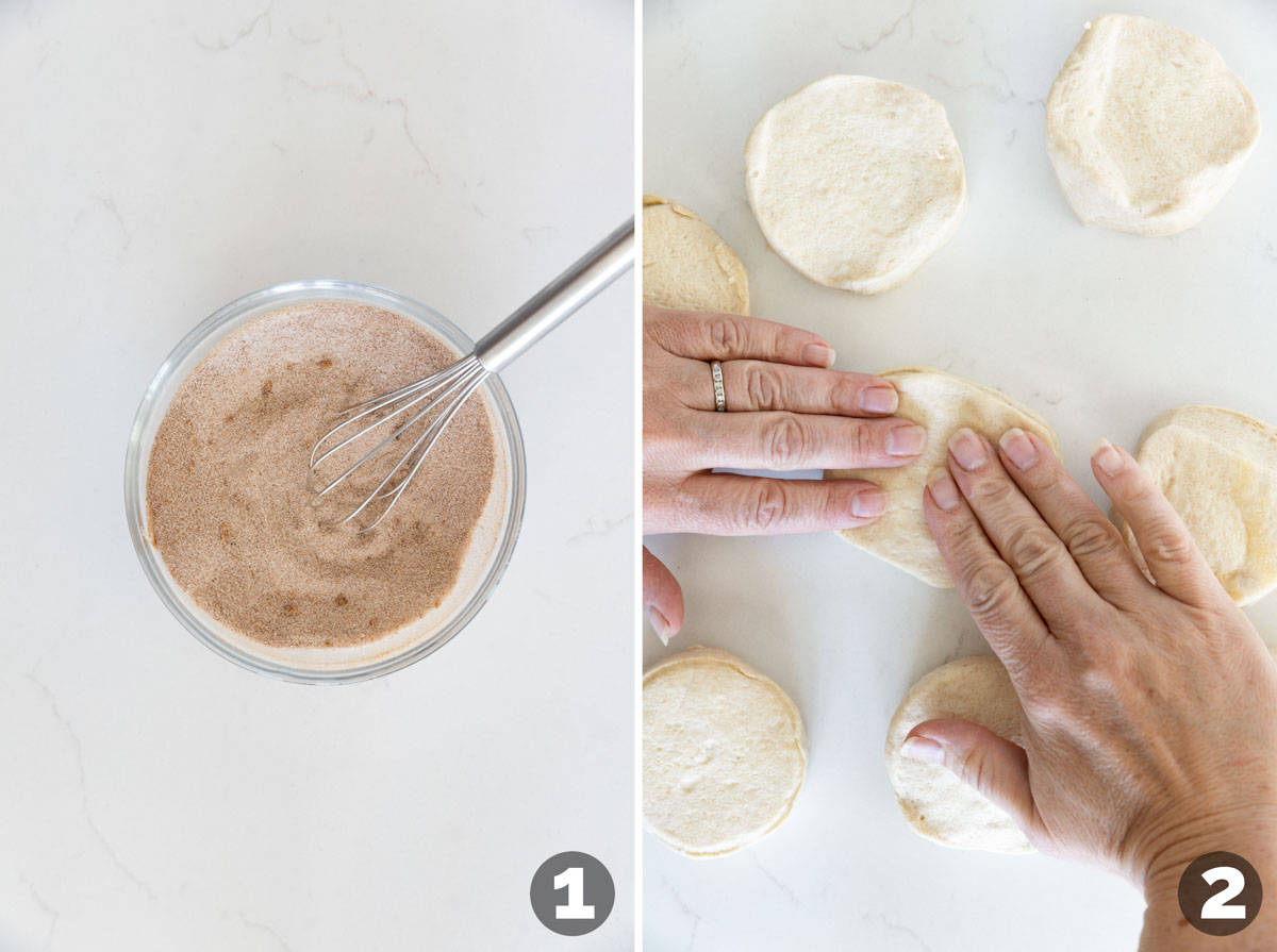 Making cinnamon sugar mixture and stretching biscuit dough for biscuit donuts.