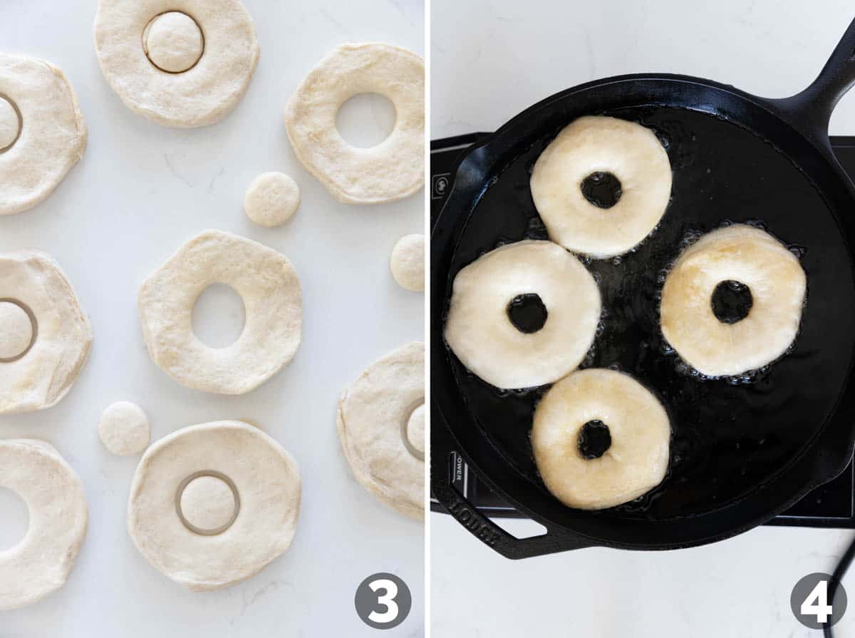 Shaping biscuit donuts, and then adding to hot oil in a skillet.