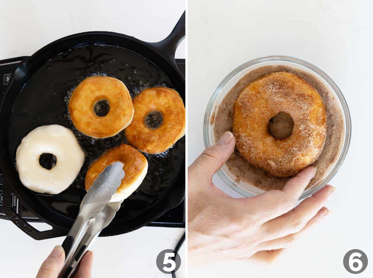Frying biscuit donuts and then coating in cinnamon sugar.