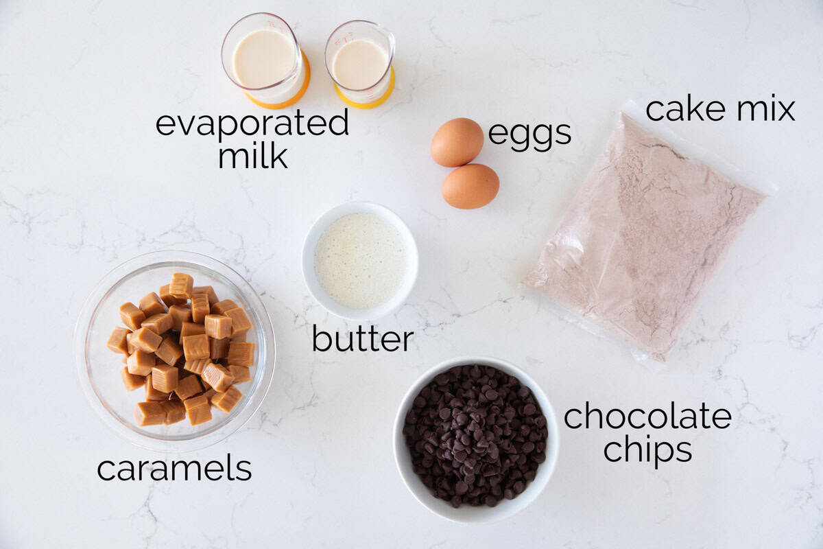 Ingredients needed to make caramel brownies.