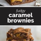 Caramel Brownies collage with text bar in the middle.