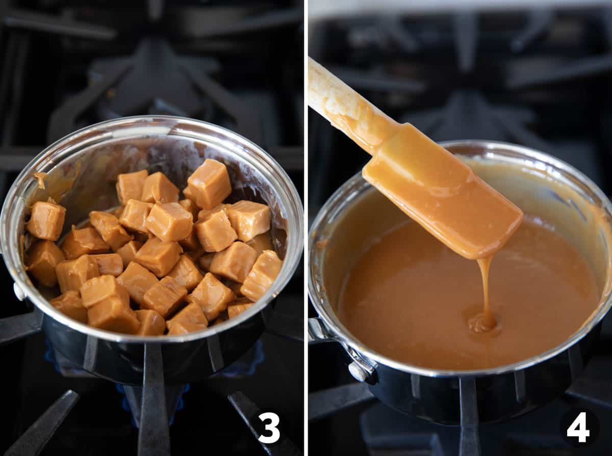 Melting caramel for the center of caramel brownies.