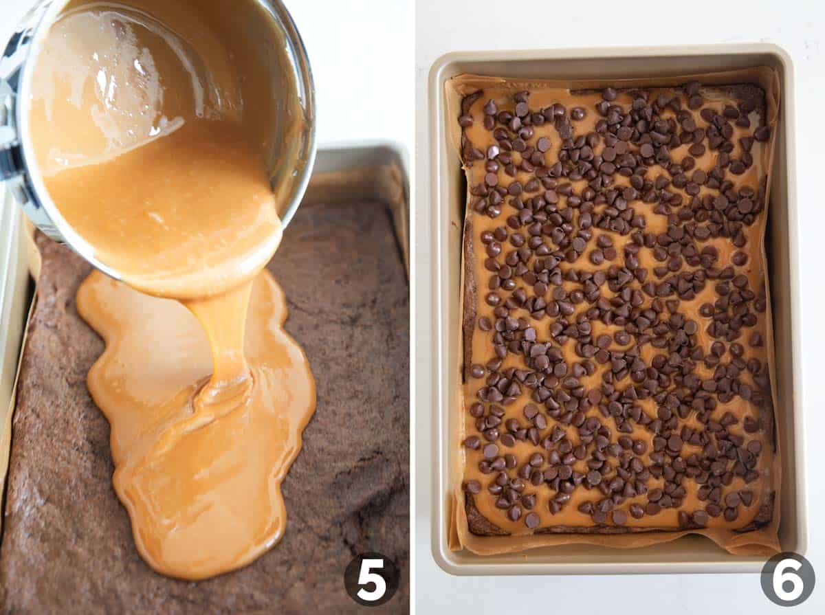 Adding caramel and chocolate chips to caramel brownies.