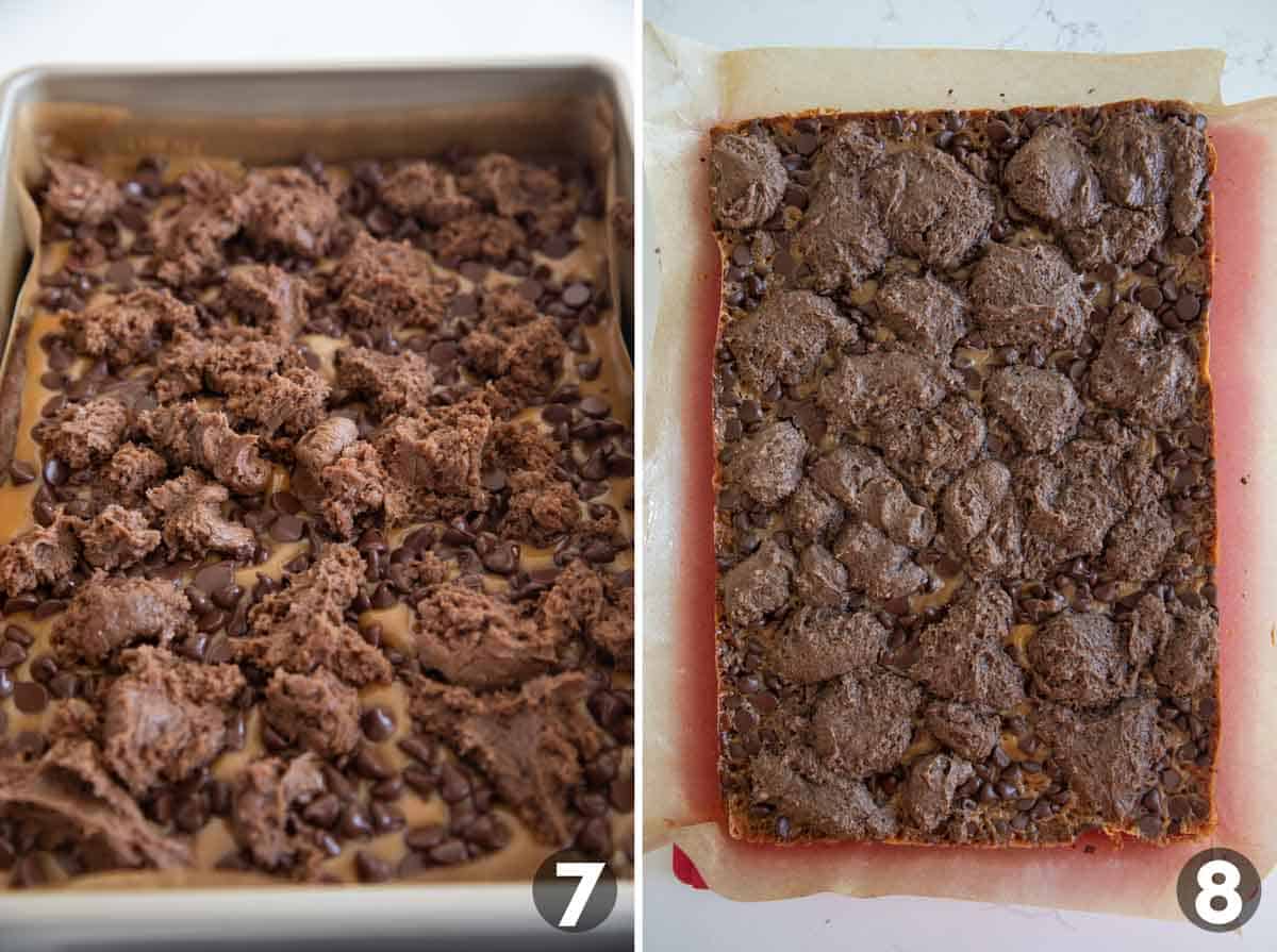 Adding brownie mixture to top of brownies and baking.