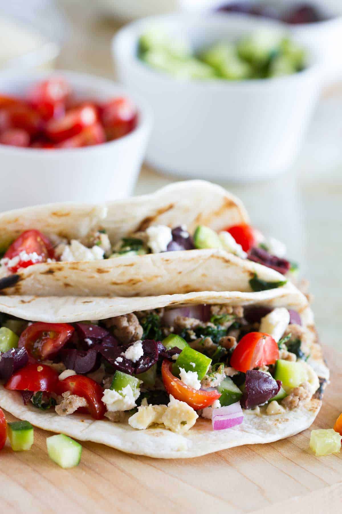 Greek Tacos on flour tortillas made with ground turkey.