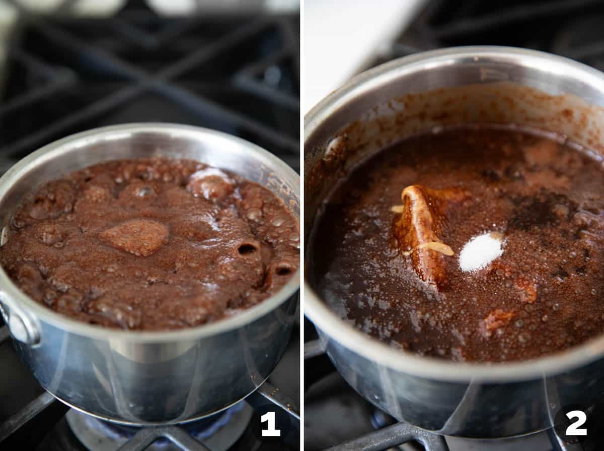 Making chocolate peanut butter mixture for no bake cookies.