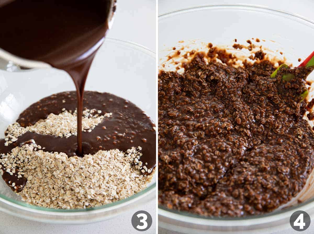 Mixing chocolate peanut butter mixture into oats for No Bake Cookies.