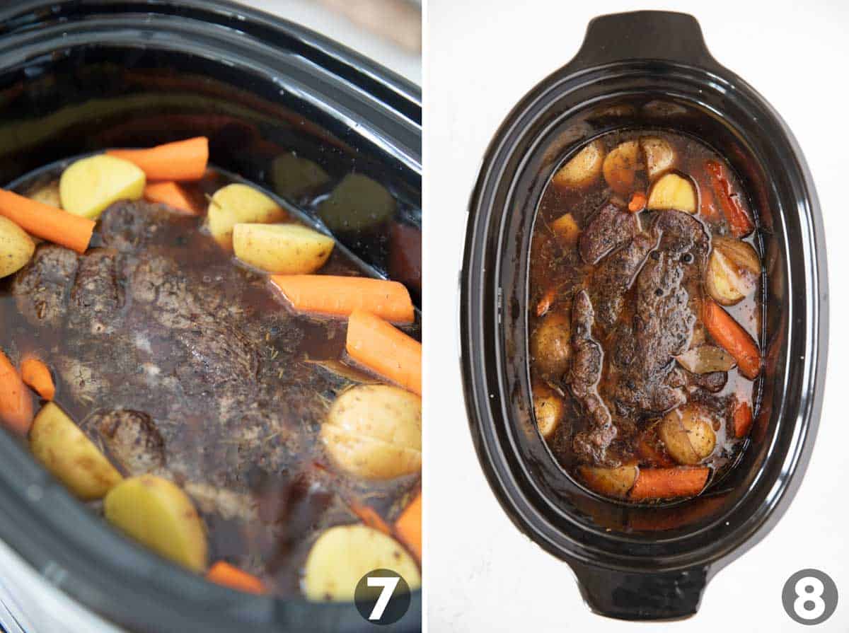 Pot roast cooking with vegetables in a slow cooker.