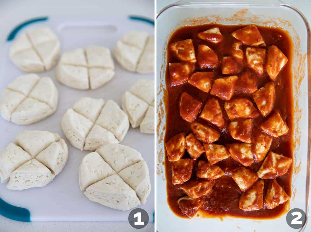 Prepping biscuits and taco sauce for taco casserole.