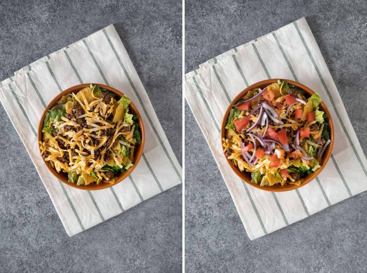 Assembling a taco salad with cheese, tomatoes, and onions.