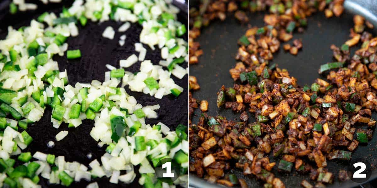 Cooking onions, peppers and taco seasoning for Taco Skillet.