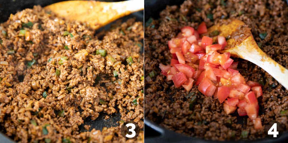 Cooking beef and adding tomatoes to make a Taco Skillet.
