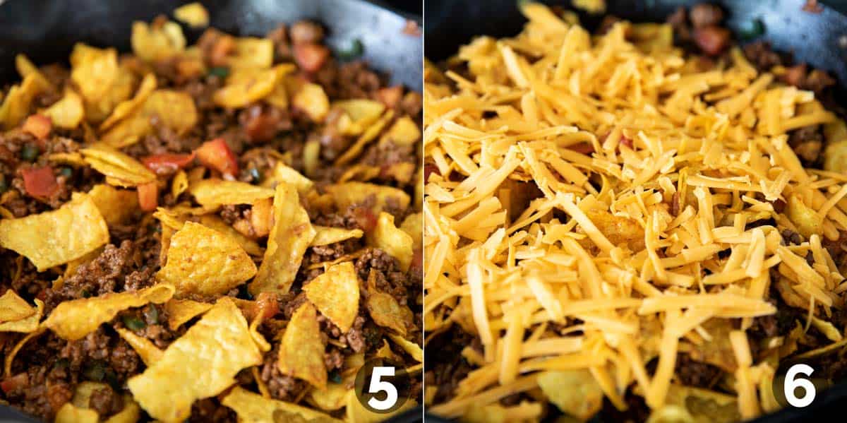 Adding tortilla chips and cheese to a Taco Skillet.