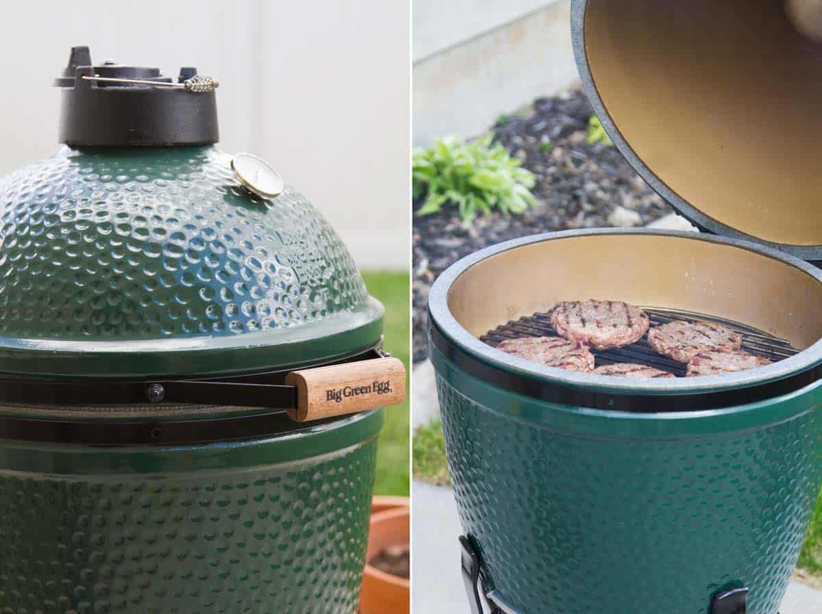 Big Green Egg with burger patties cooking.