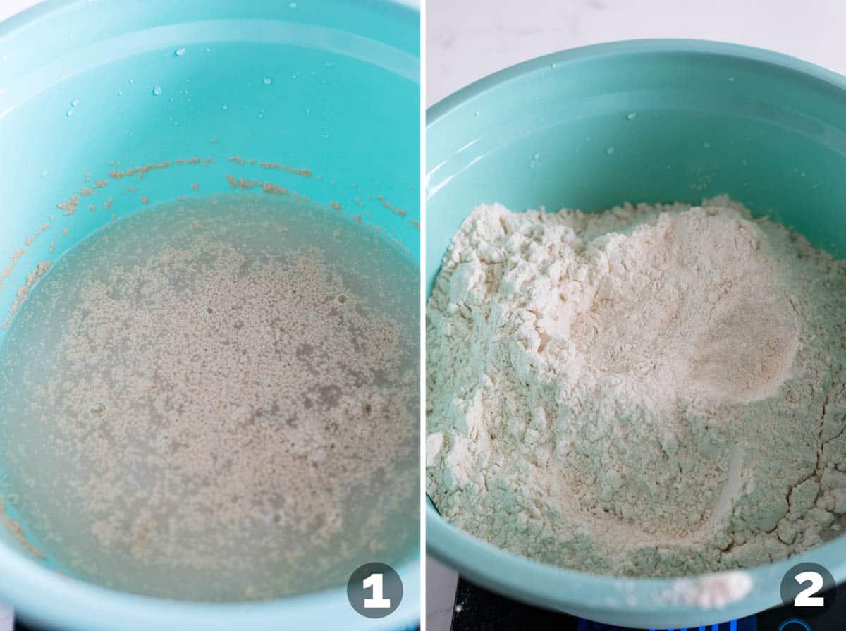 Combining water, yeast, salt, and flour for no knead bread.