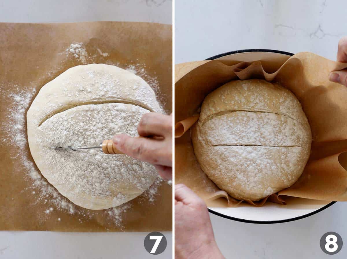 Scoring loaf of bread and placing it in a Dutch oven.