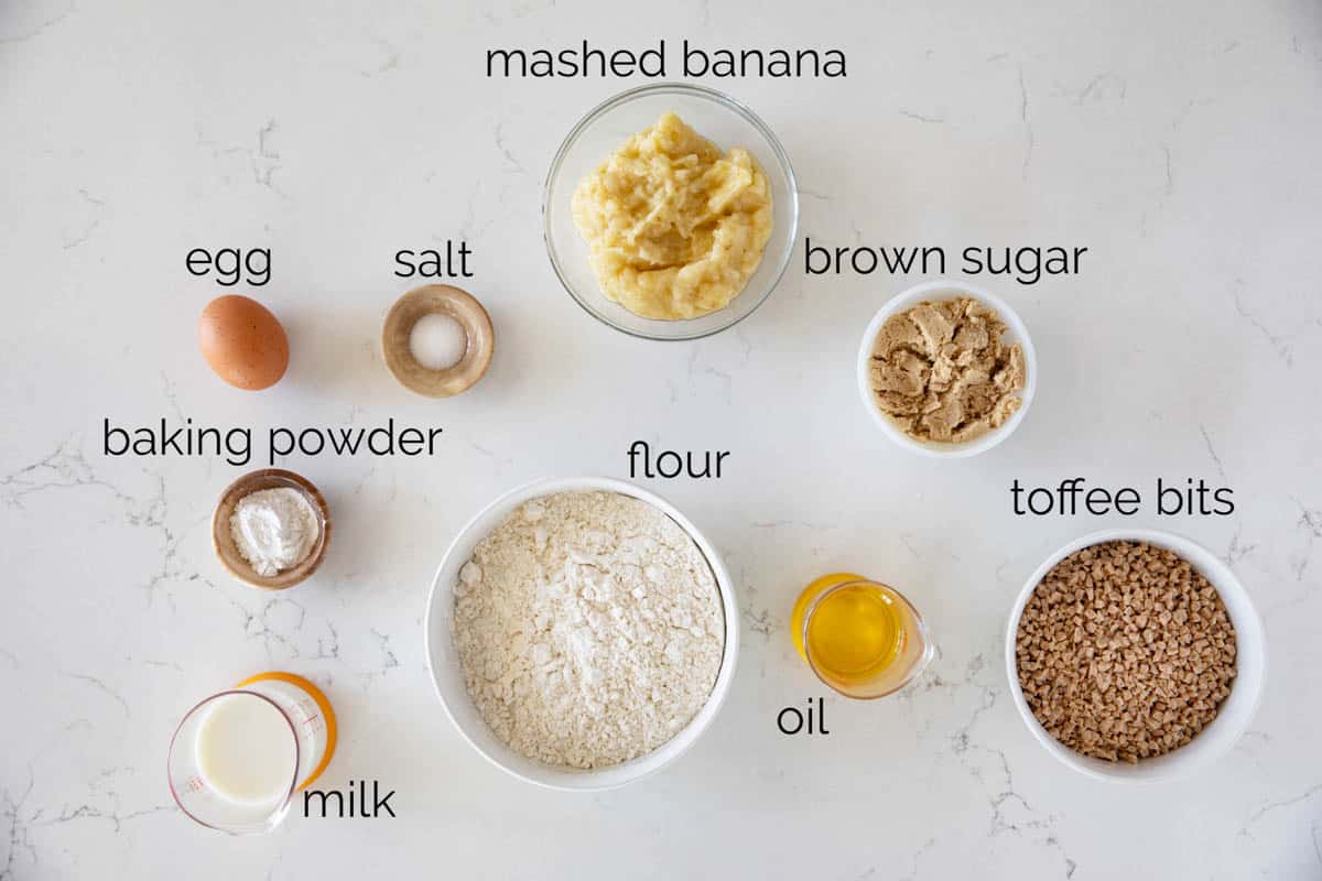 Ingredients to make Banana Toffee Muffins.